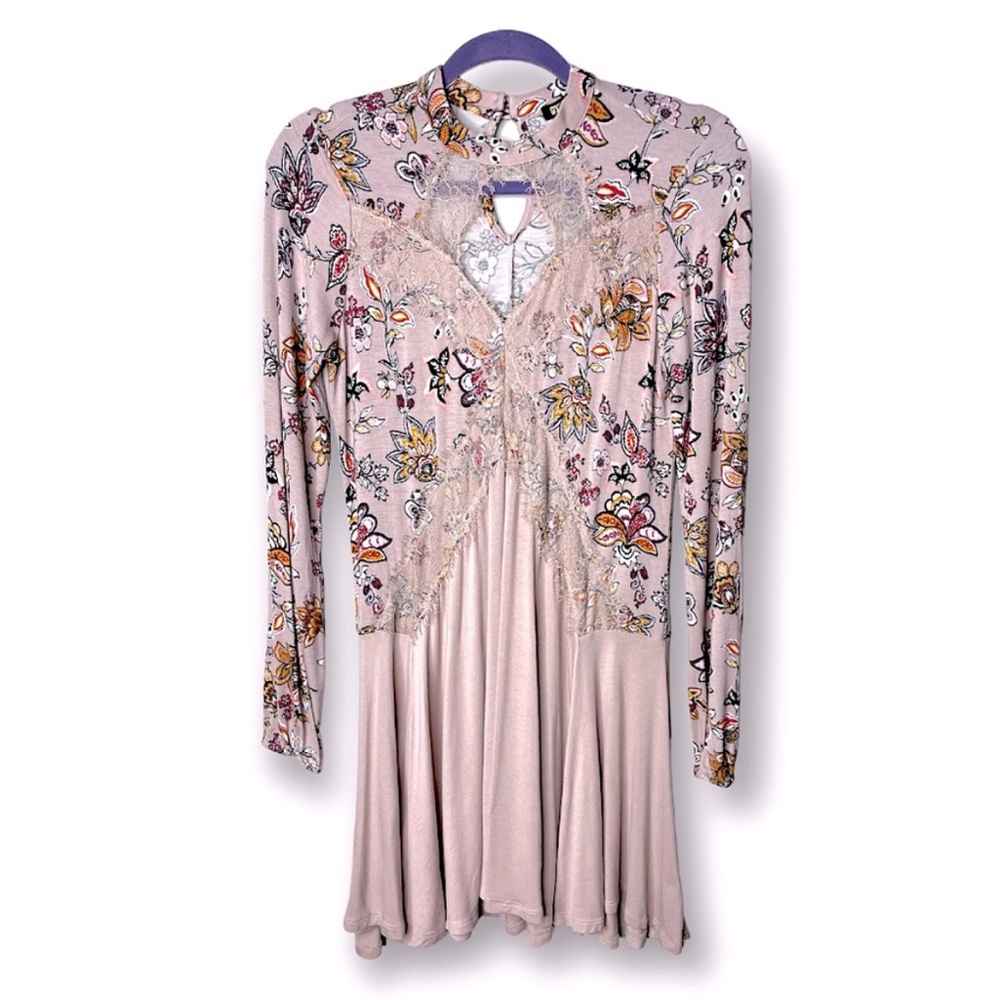 Gypsies & Moondust Pink Retro Floral Lace Peek A Boo Flowy Mini Dress L
